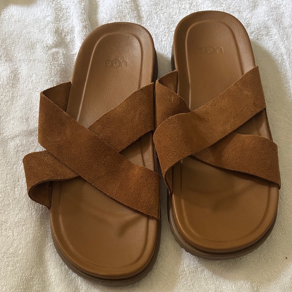 UGG Tan Suede Cross Strap Slides - Picture 1 of 7